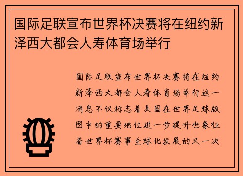 国际足联宣布世界杯决赛将在纽约新泽西大都会人寿体育场举行